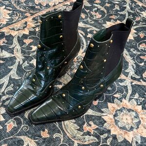 Vince Camuto Dark Green Croc-Embossed Ankle Boots